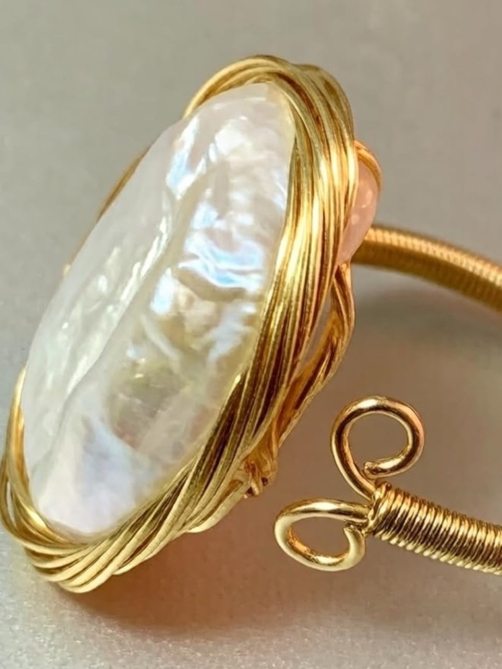Handcrafted 14k Gold Plated Wire-Wrapped Pearl Statement Ring